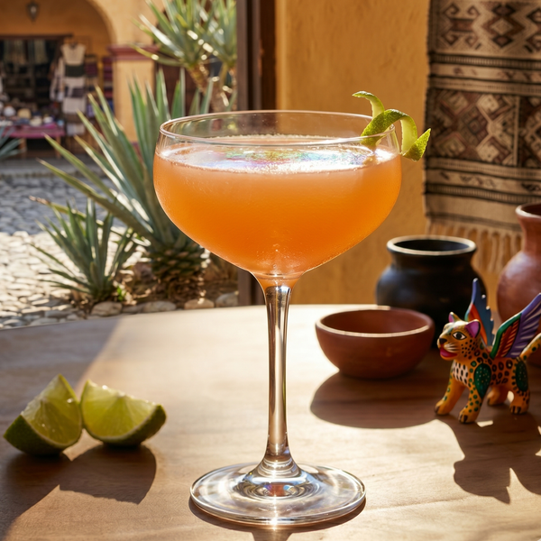 Naked and Famous Cocktail orange-rot im Coupe-Glas, mit LÆPOCA Mezcal Espadín, Yellow Chartreuse und Aperol
